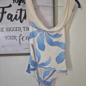 Elegant Blue and Cream Floral Bodysuit